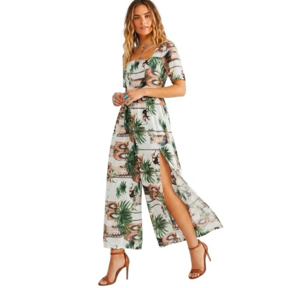 Jaase Womens Jumpsuit Pants Wide Leg Tropical Jungle Resort Vacation Sz Small